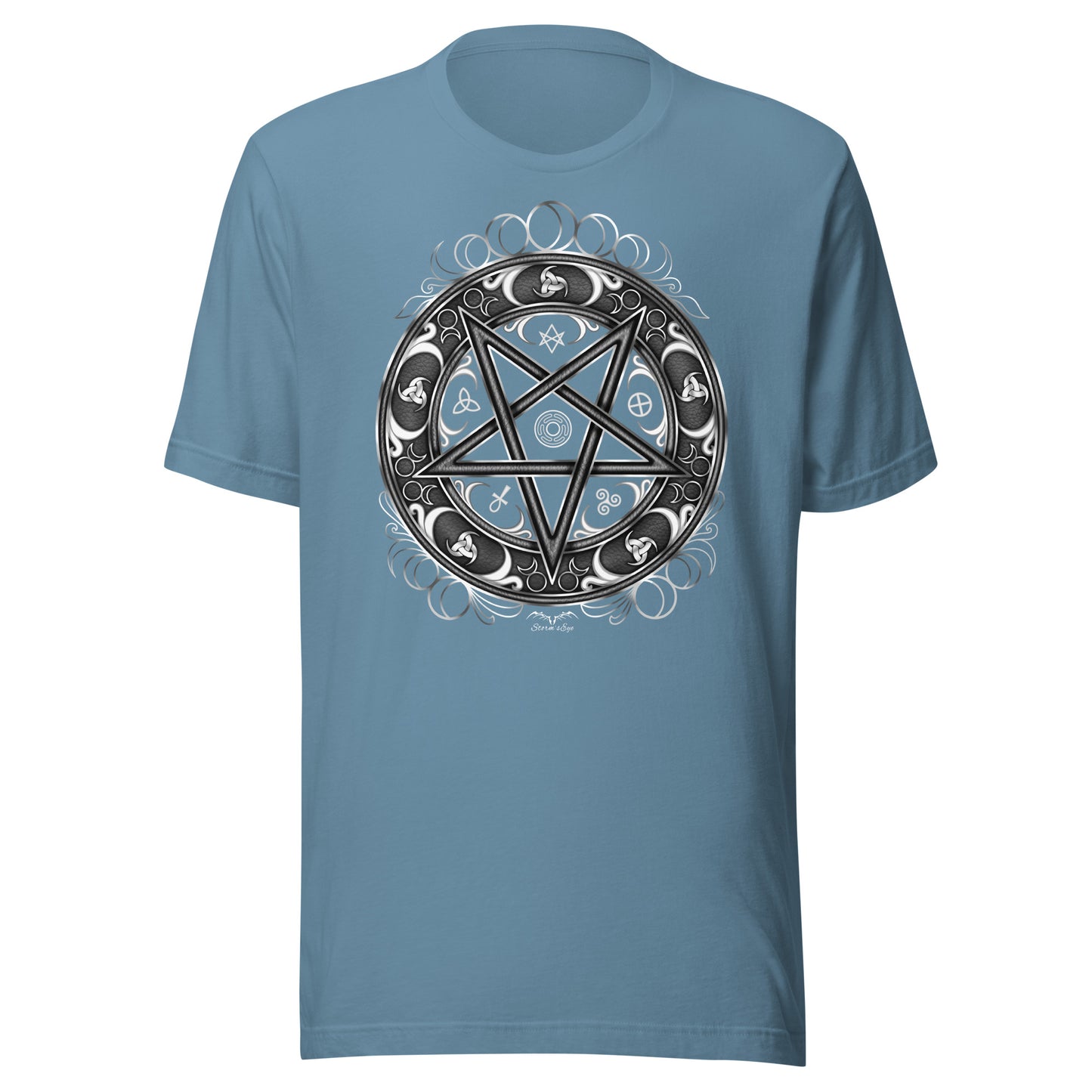 stormseye design witchy occult wheel T shirt, flat view light blue