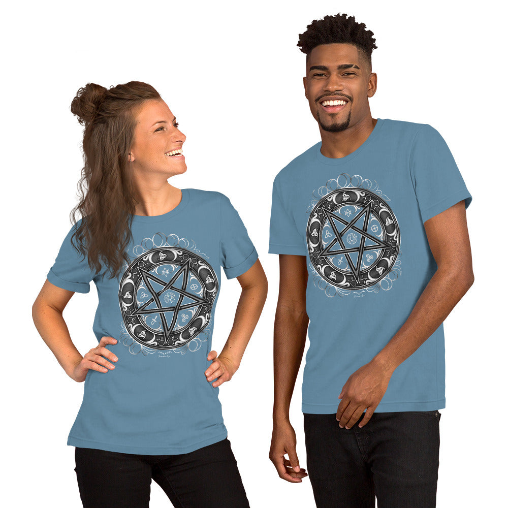 stormseye design witchy occult wheel T shirt, modelled view light blue