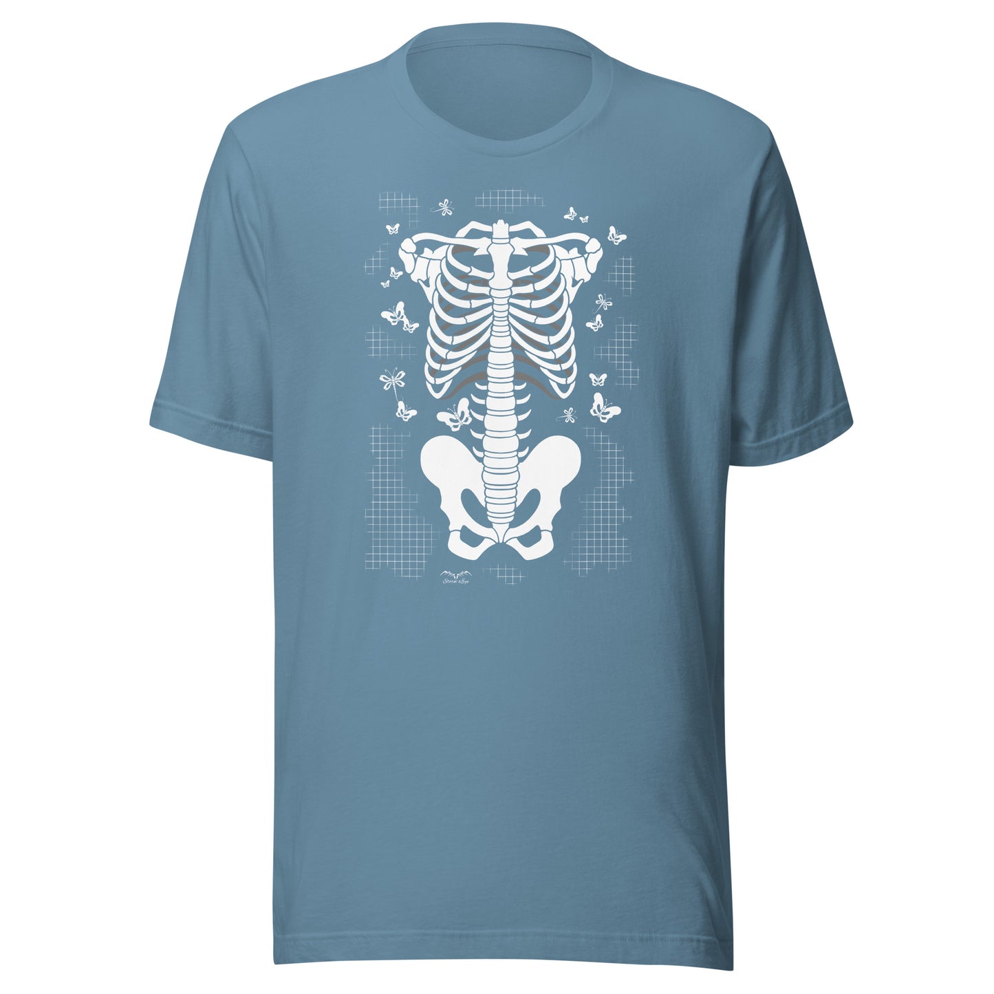 stormseye design skeleton torso gothic T shirt, flat view light blue