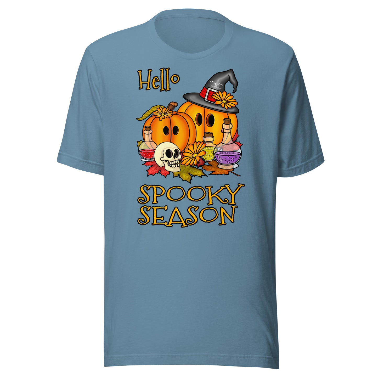 stormseye design hello spooky season halloween T shirt flat view light blue