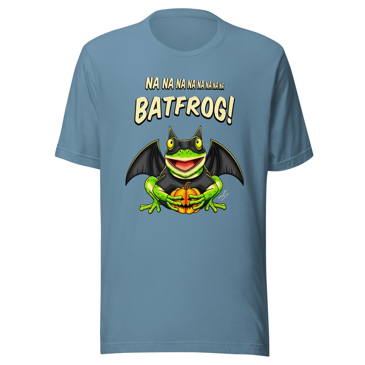 stormseye design funny bat frog halloween T shirt flat view light blue