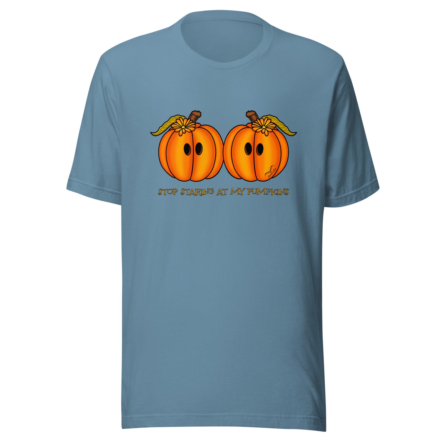 stormseye design staring pumpkins T shirt flat view light blue