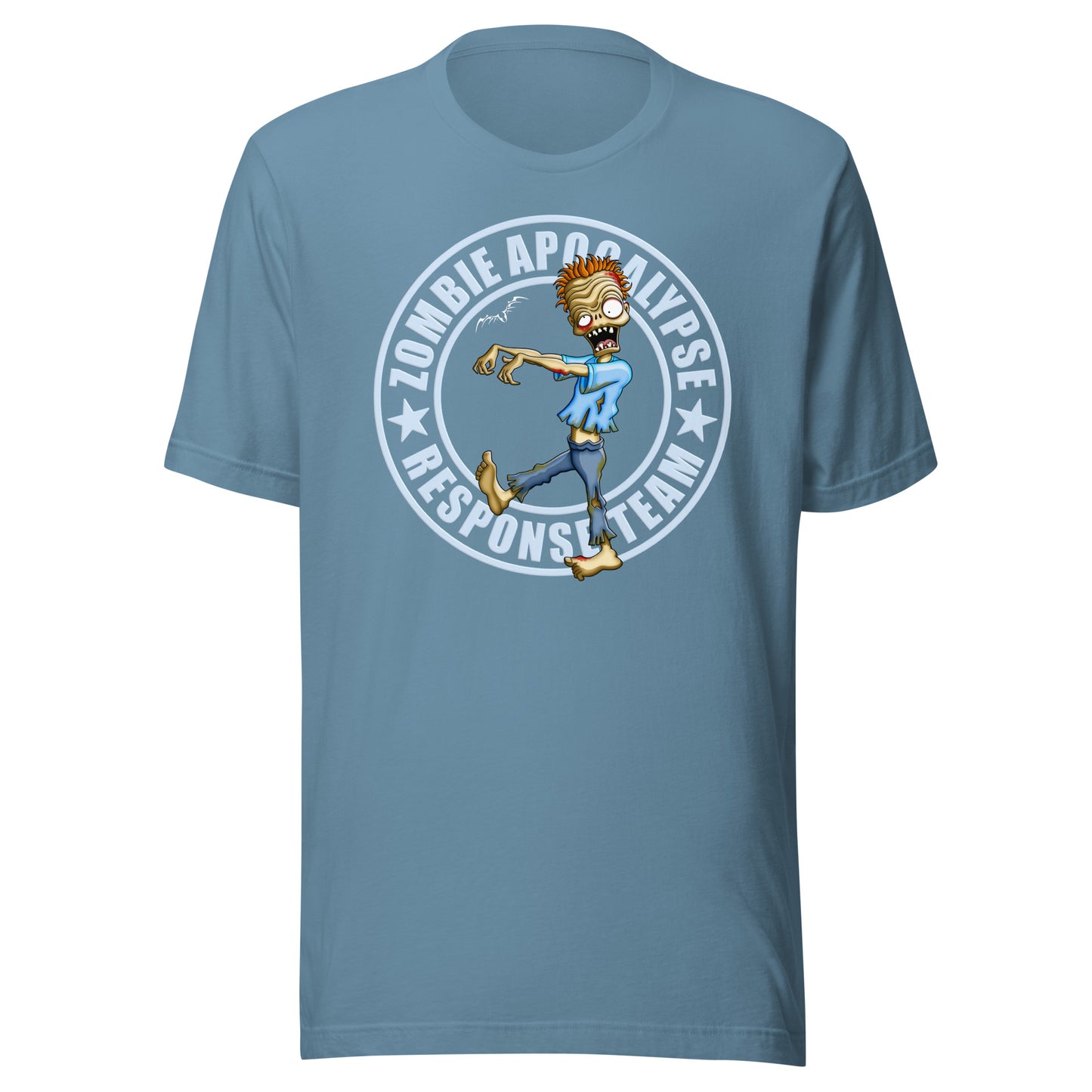 stormseye design zombie apocalypse colour T shirt, flat view light blue