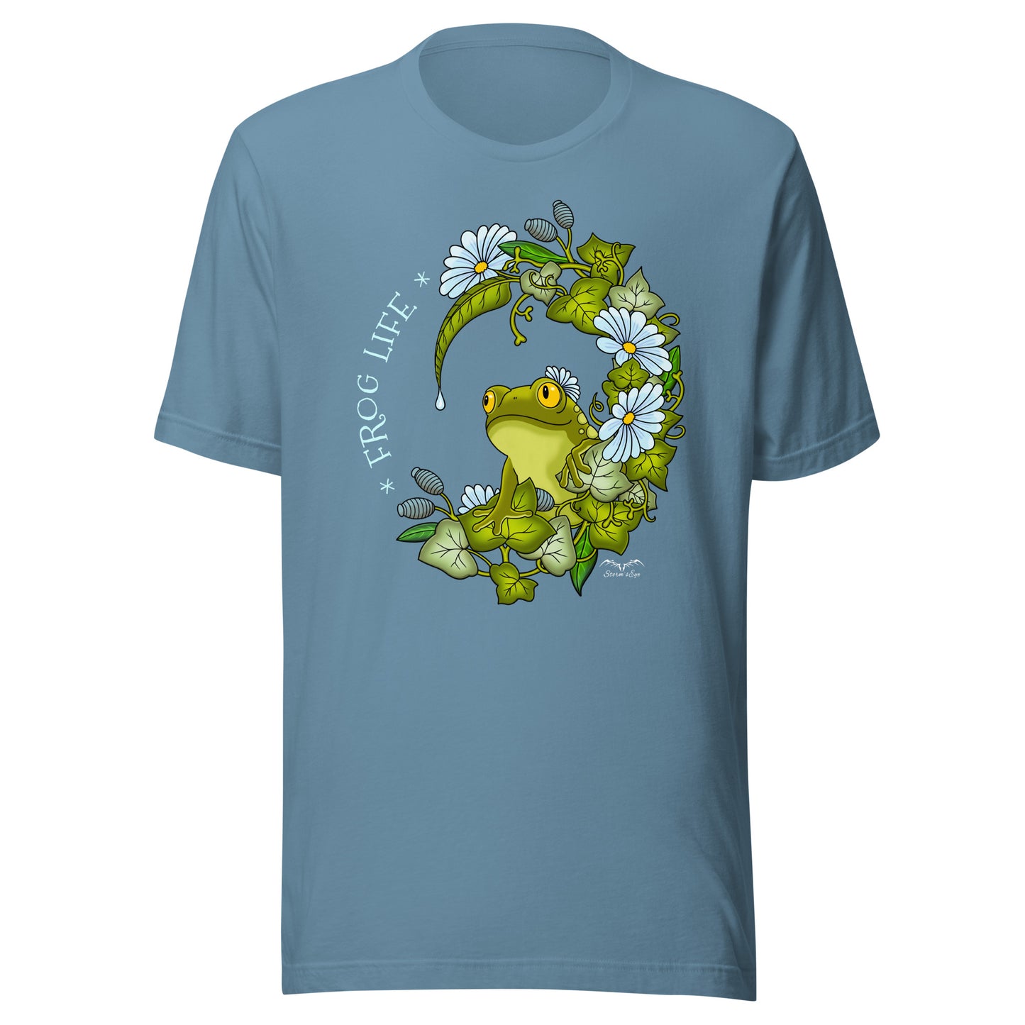 stormseye design frog life T shirt, flat view blue