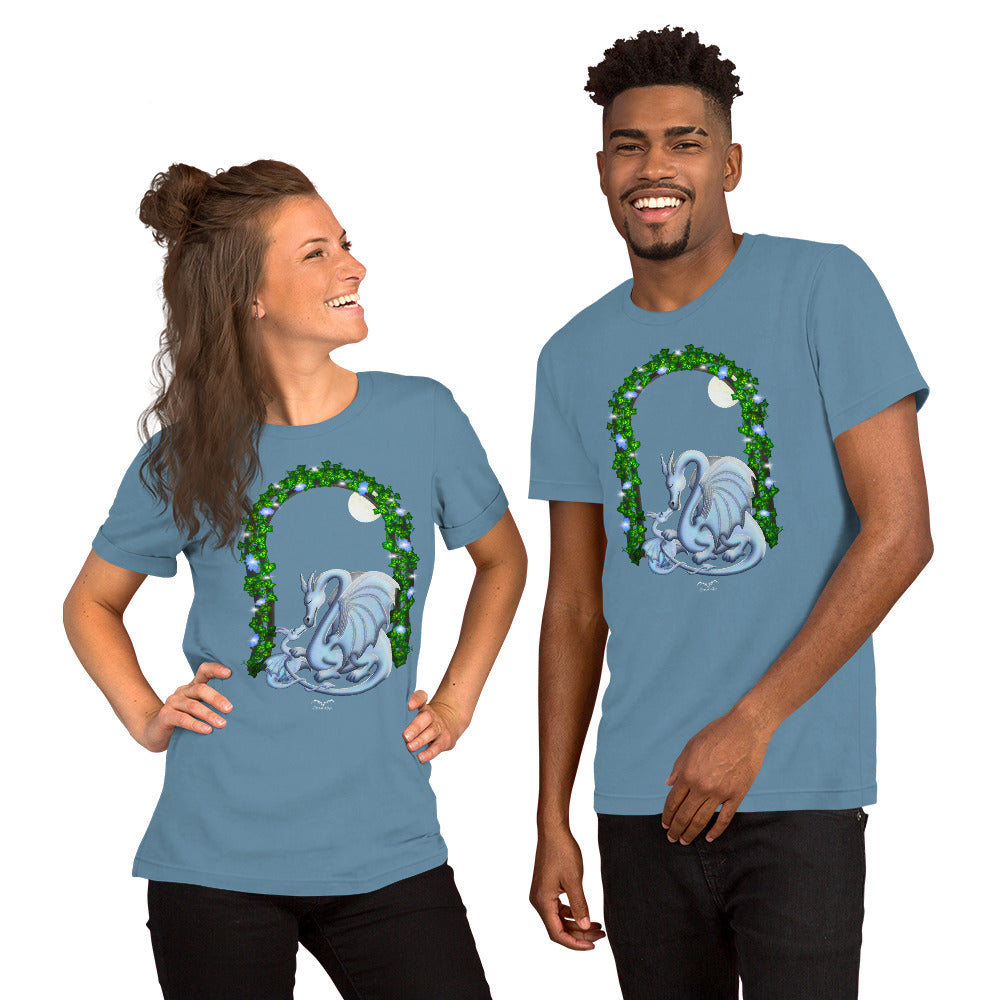 Mum and baby dragon shirt by Stormseye, light blue, modelled view