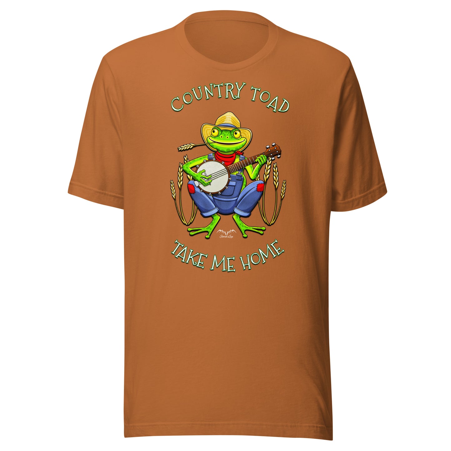 stormseye design country toad banjo T shirt, flat view orange