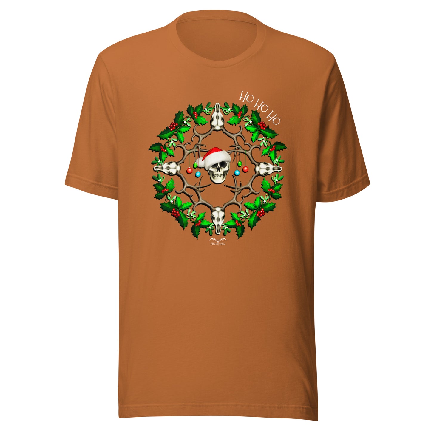 stormseye design festive skulls christmas T shirt flat view orange