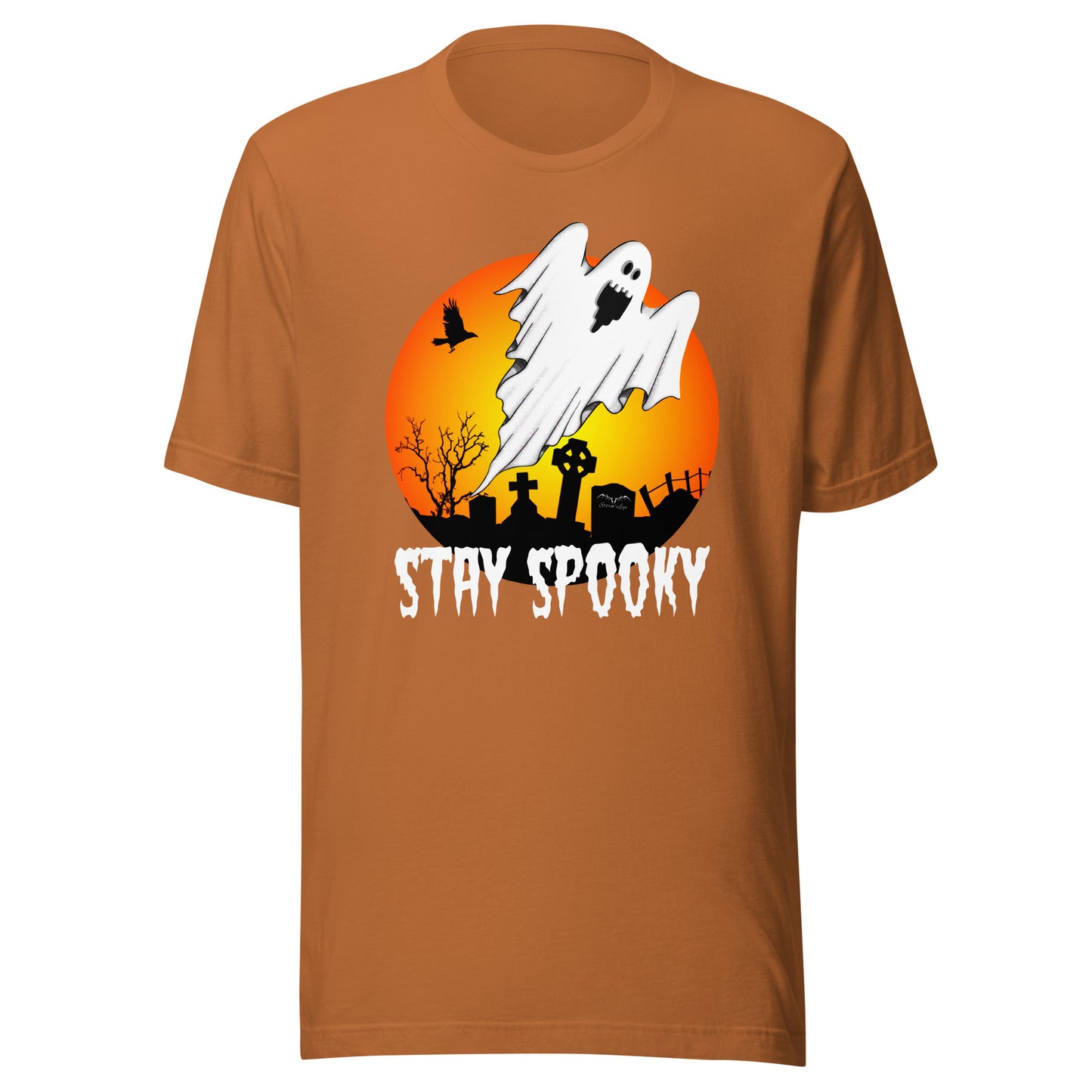 stormseye design stay spooky halloween T shirt, flat view orange