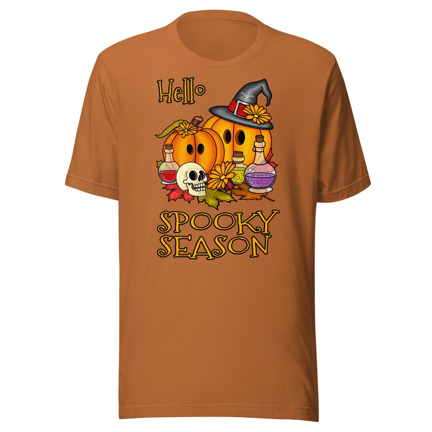 stormseye design hello spooky season halloween T shirt flat view orange