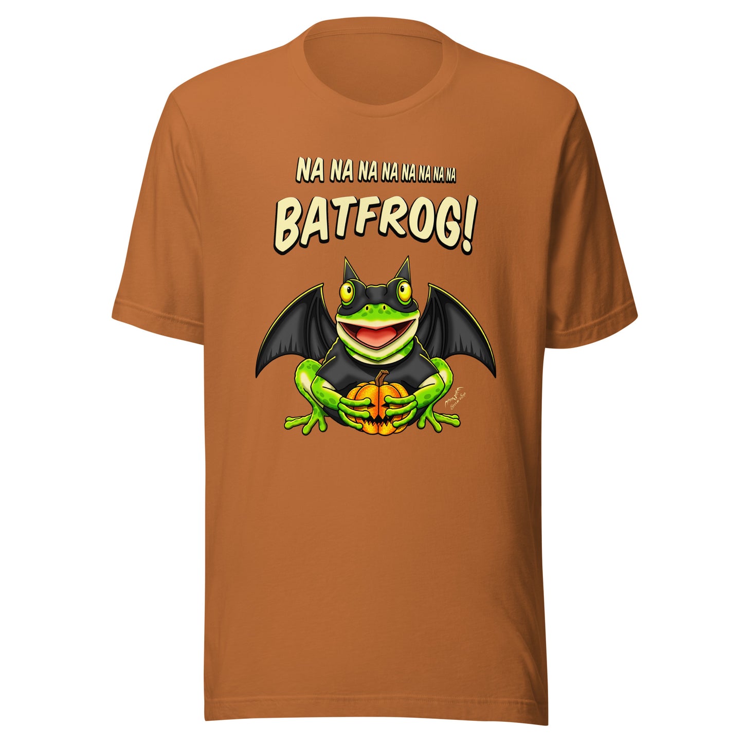 stormseye design funny bat frog halloween T shirt flat view orange