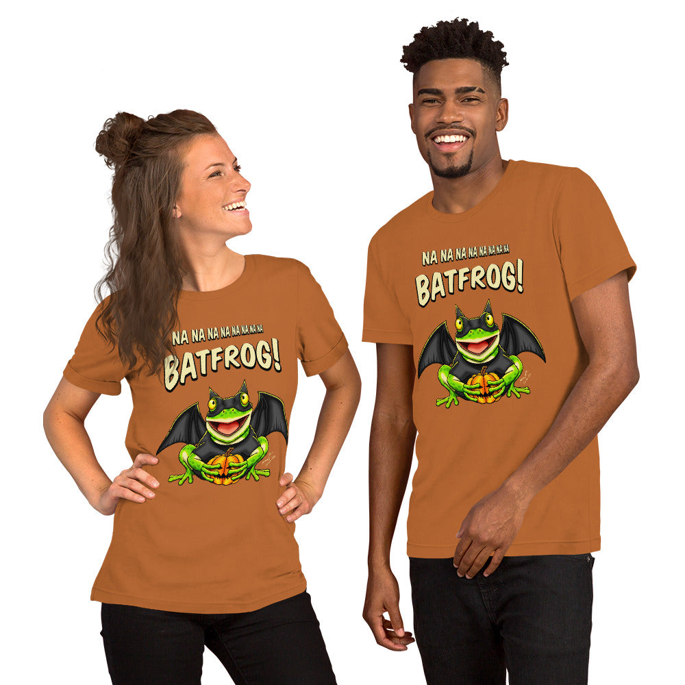 stormseye design funny bat frog halloween T shirt modelled view orange
