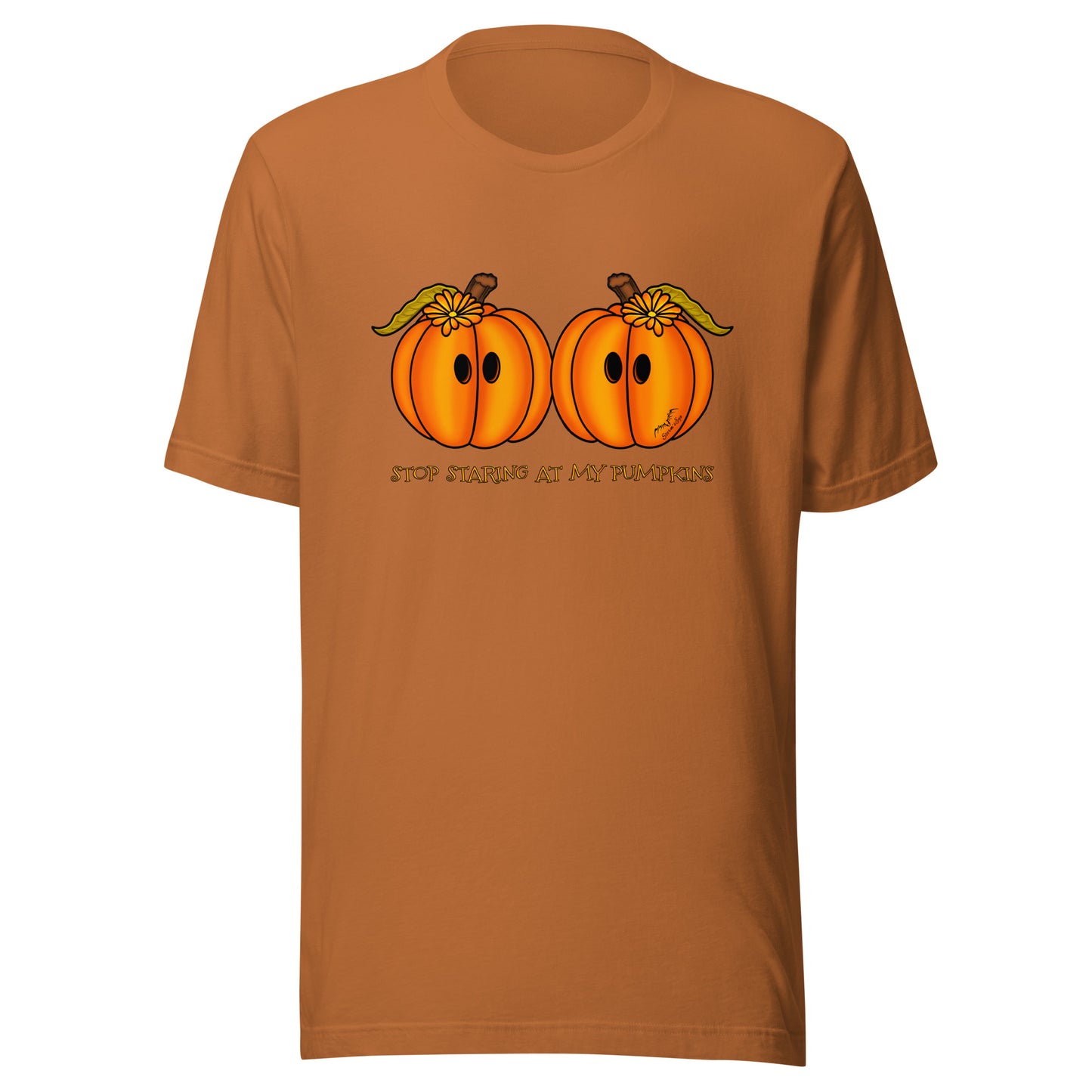 stormseye design staring pumpkins T shirt flat view orange