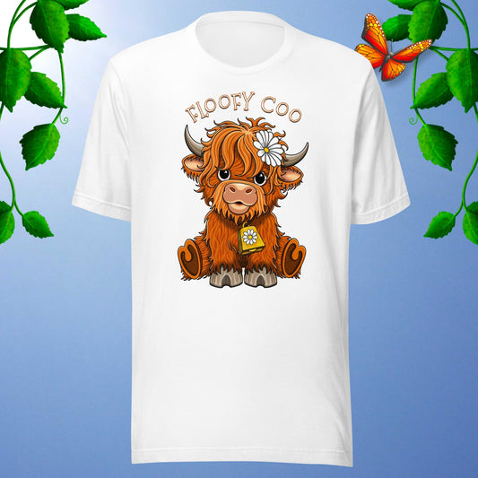 floofy coo highland cow T-shirt, white by Stormseye Design