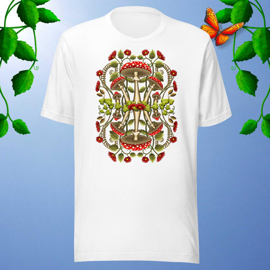 cottage core mushrooms T-shirt, white by Stormseye Design