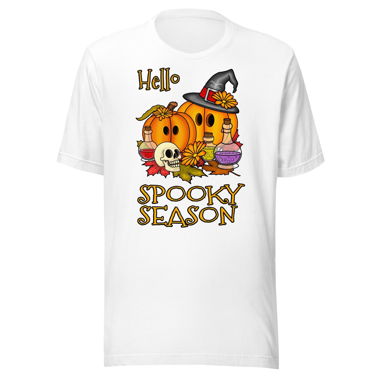 stormseye design hello spooky season halloween T shirt flat view white