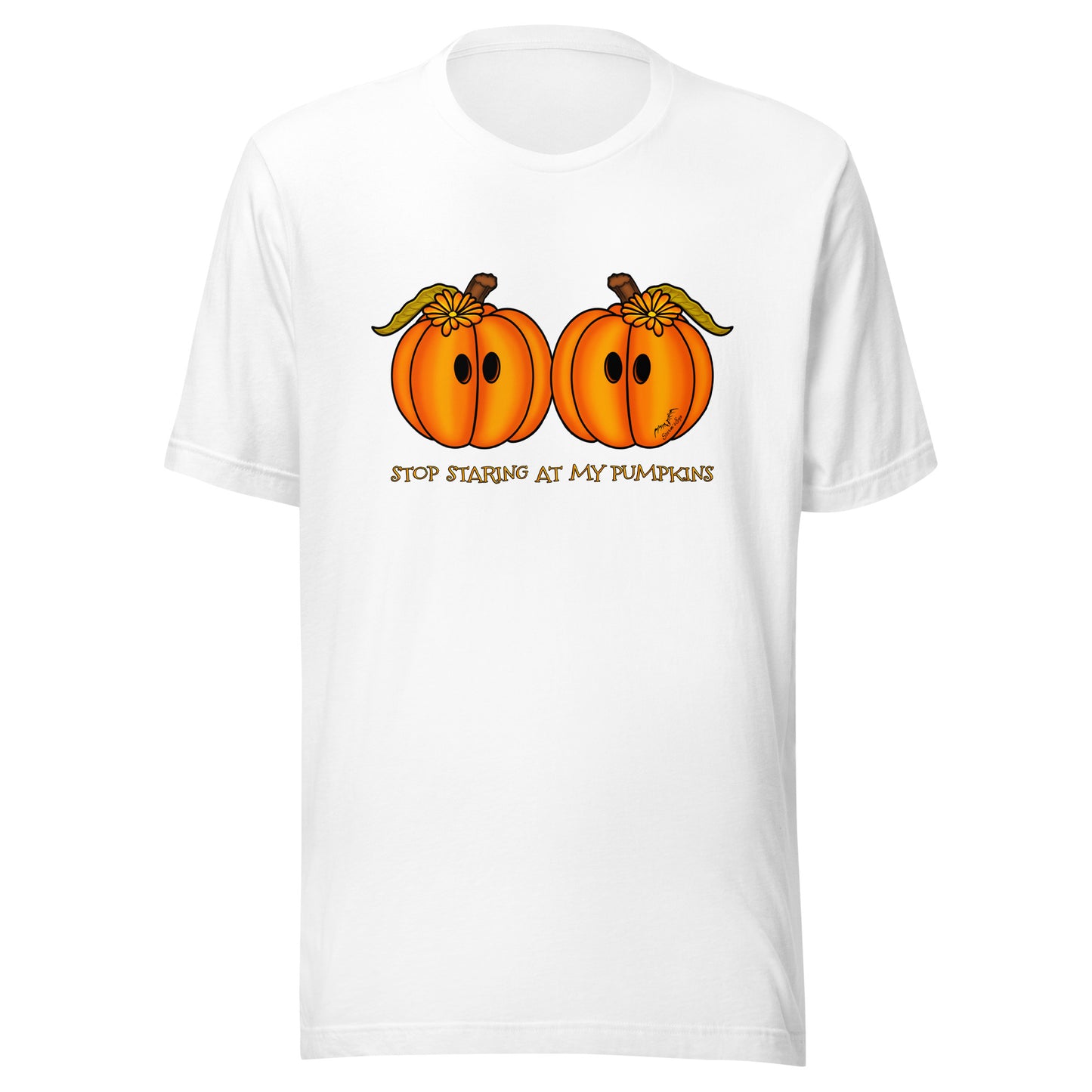 stormseye design staring pumpkins T shirt flat view white