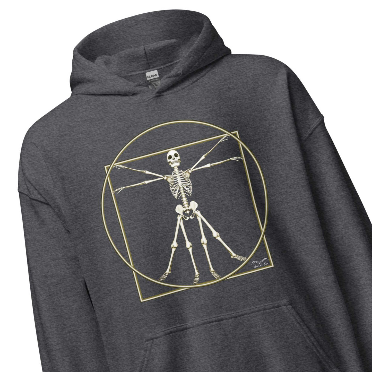 stormseye design vitruvian skeleton fine art hoodie detail view dark heather