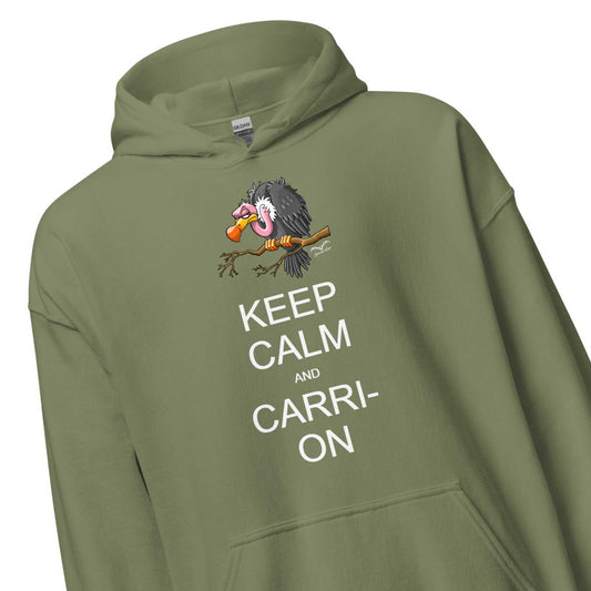 keep calm and carrion vulture hoodie by stormseye design, army green, zoom view