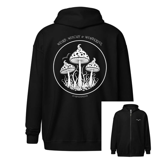weird, witchy & wonderful back print zip hoodie by stormseye design. Black, back inset view