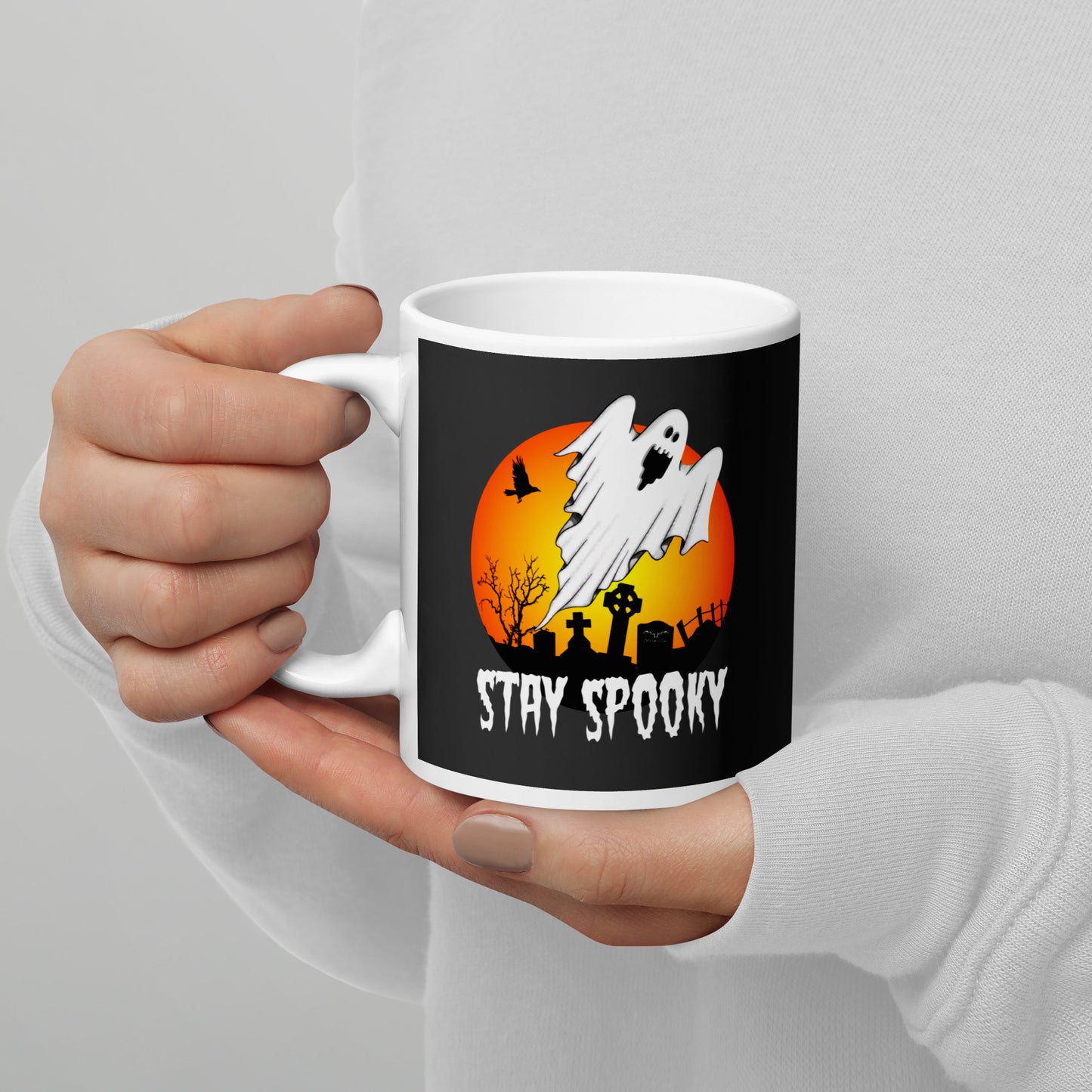 stormseye design stay spooky coffee mug grey modelled view