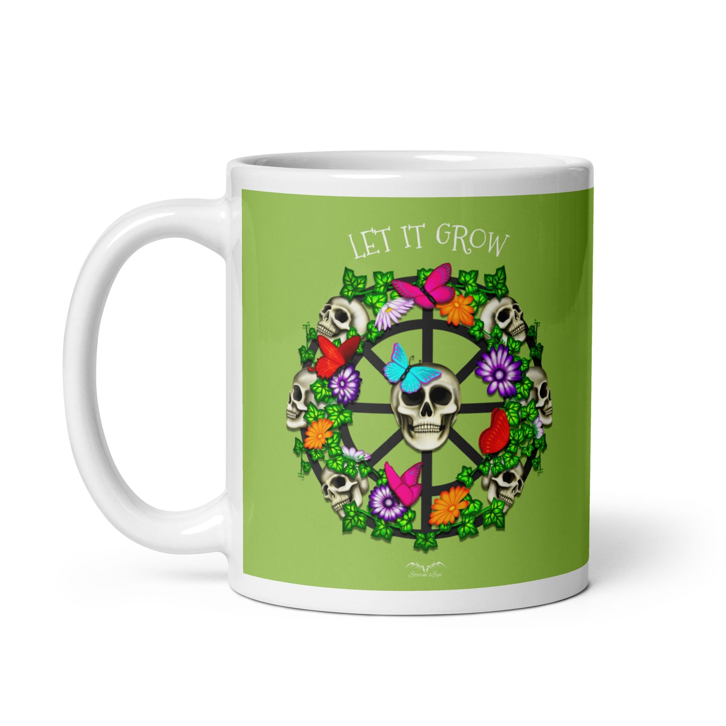 stormseye design skulls and flowers coffee mug green