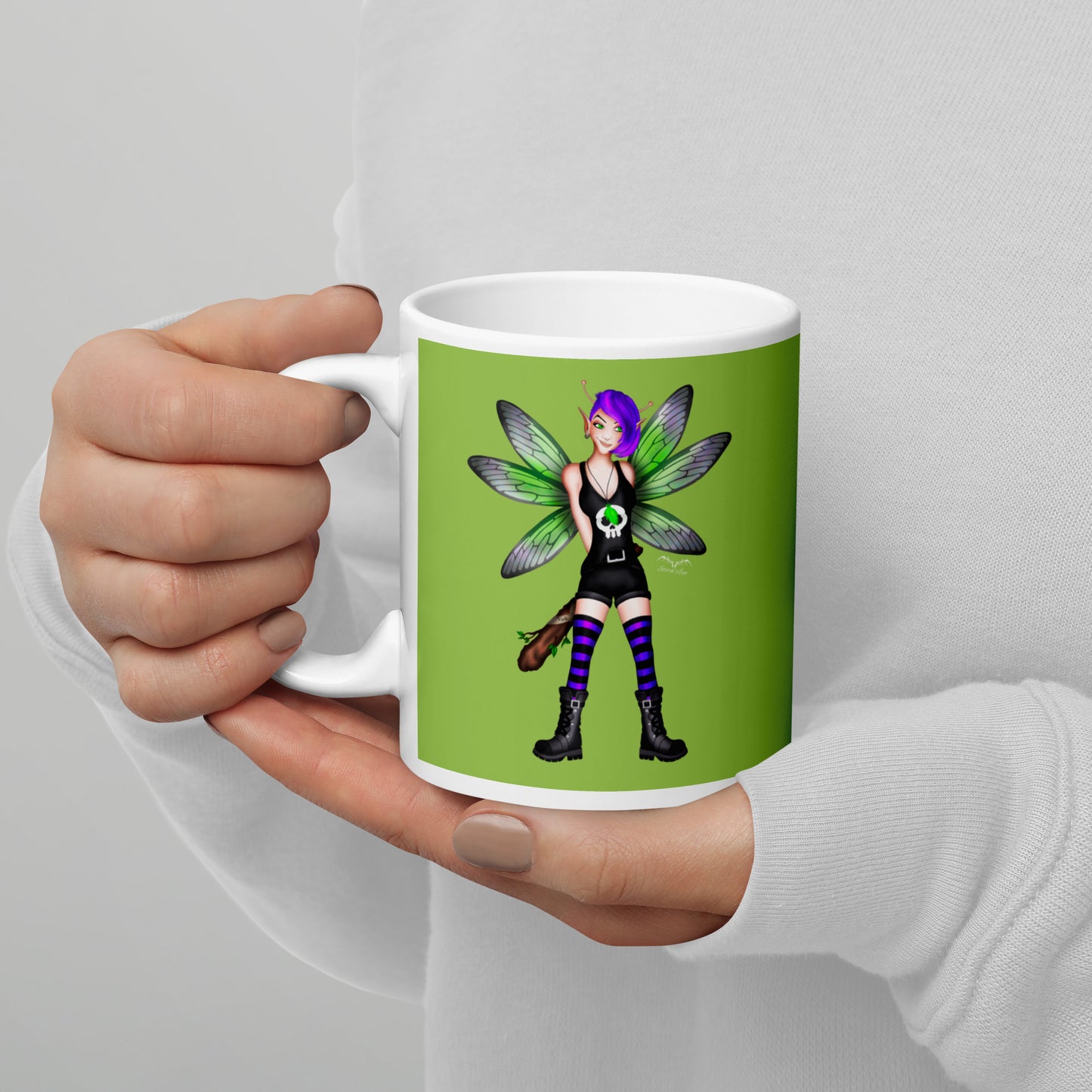 stormseye design rocker fairy fink coffee mug green modelled view