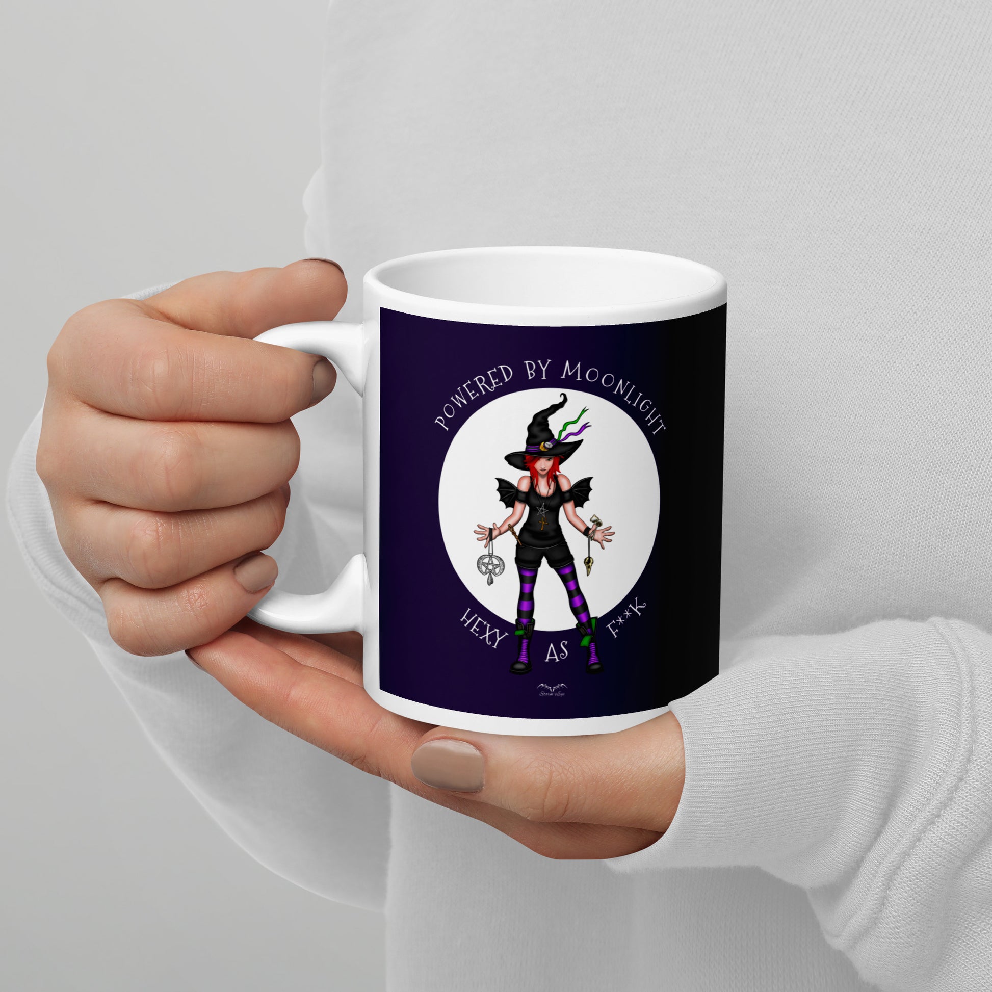 stormseye design hexy witch coffee mug purple modelled view