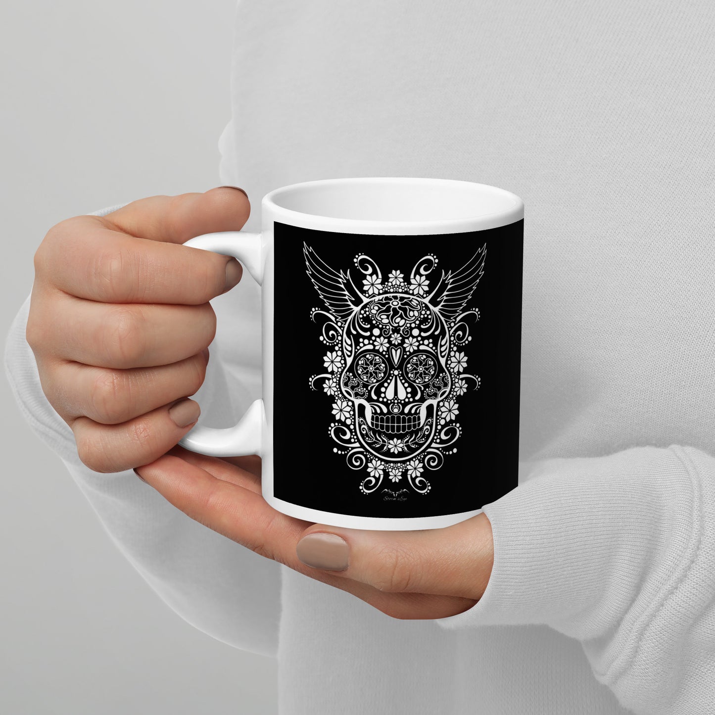 stormseye design gothic sugar skull coffee mug black modelled view