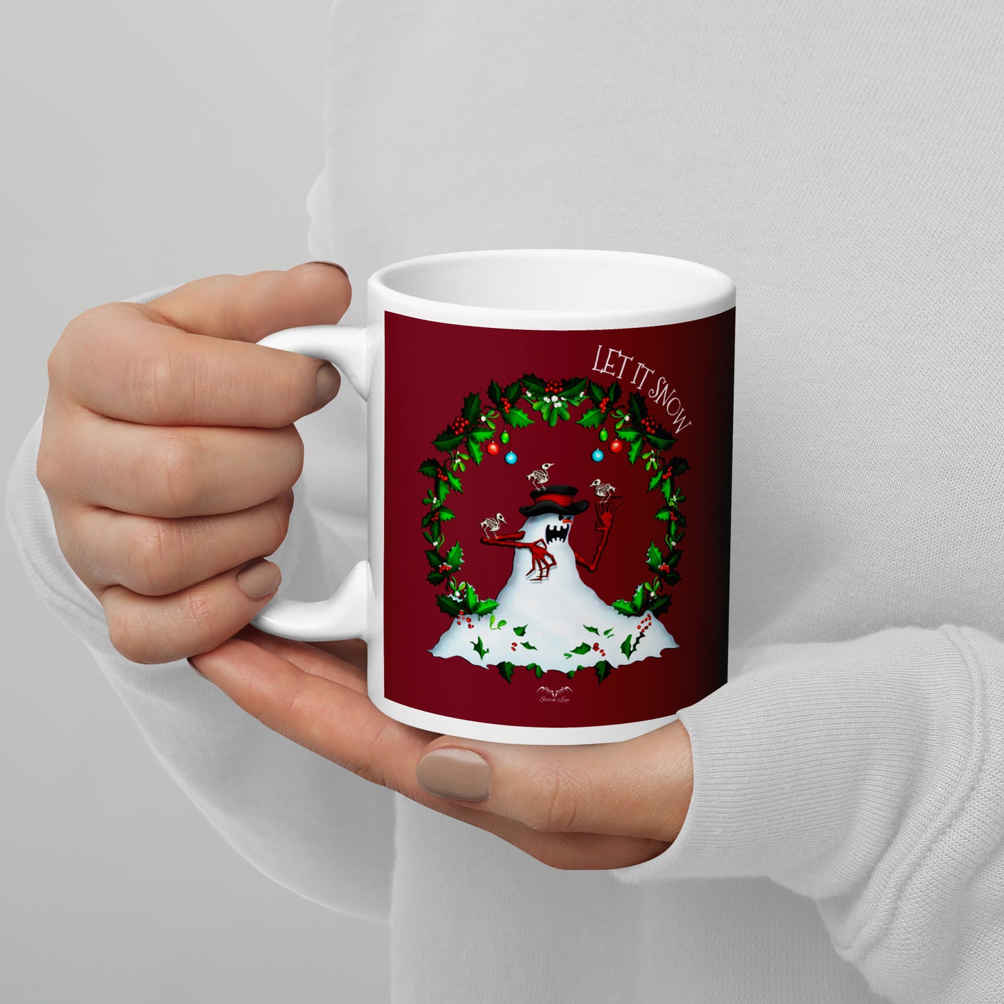 Stormseye Design evil snowman christmas mug red modelled view