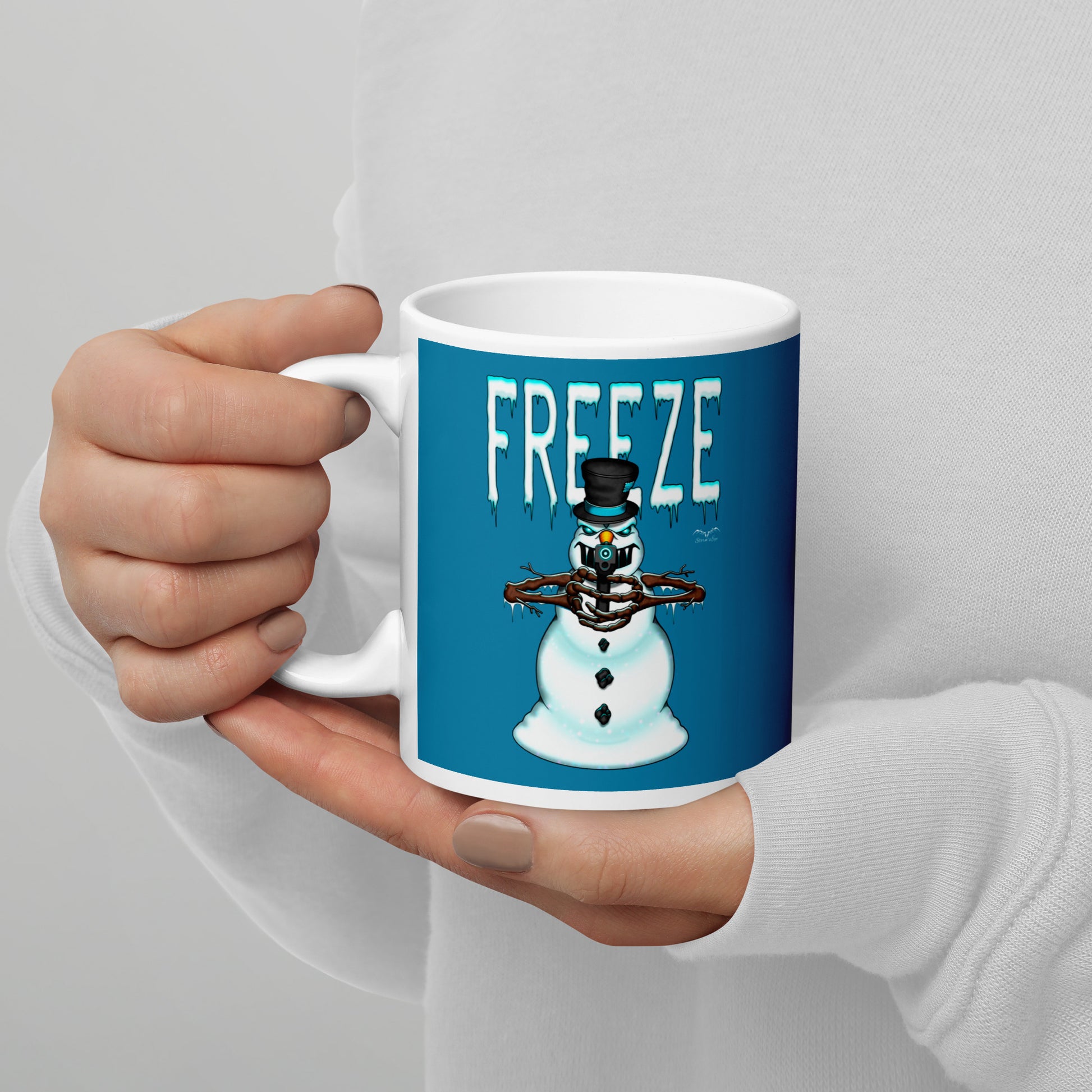 Stormseye Design mr freeze christmas snowman mug blue modelled view