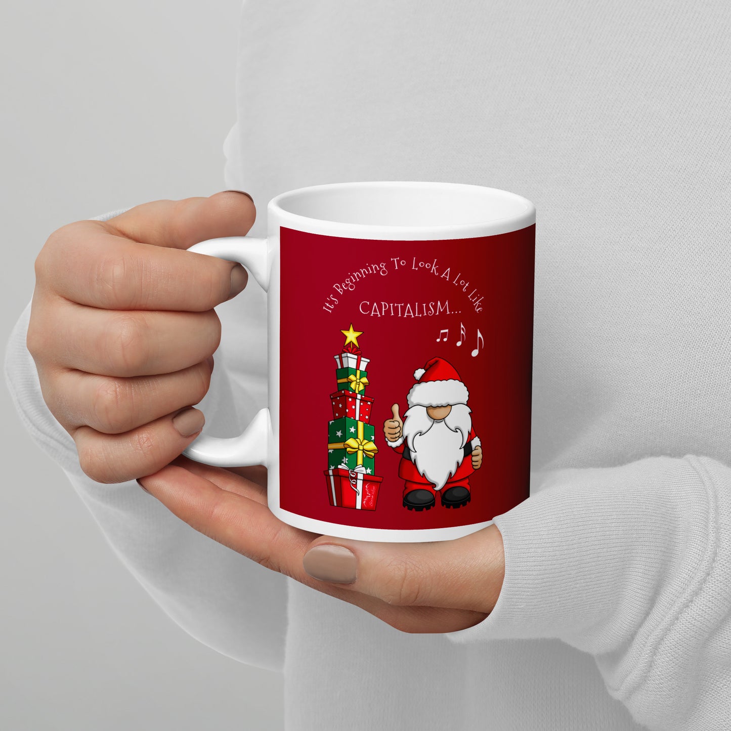 Stormseye Design festive cute santa capitalism mug red modelled view