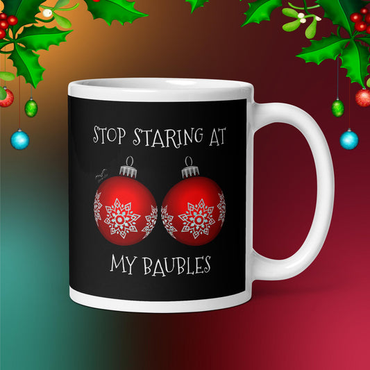 stop staring at my baubles christmas mug black by stormseye design