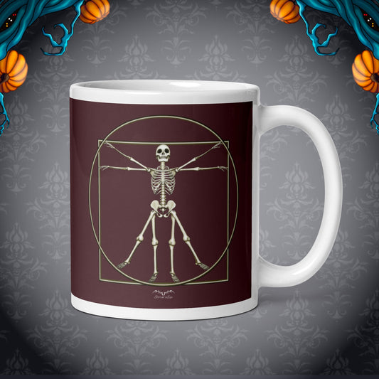 vitruvian skeleton da vinci inspired coffee mug  wine red by stormseye design