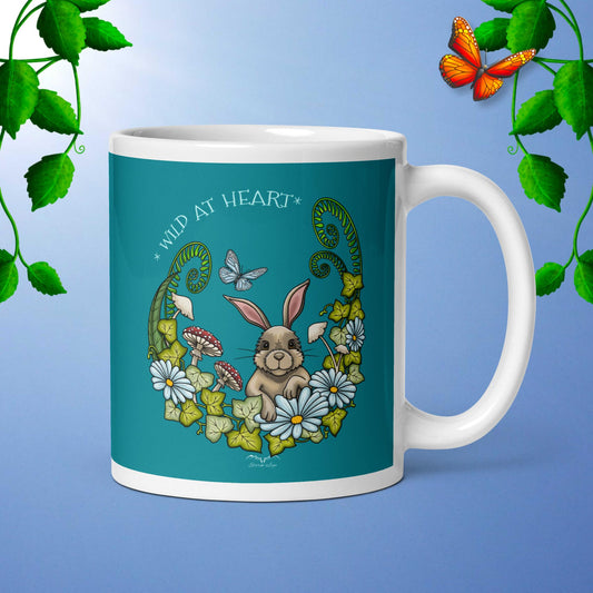 cute rabbit wild at heart Mug, turquoise blue by Stormseye Design