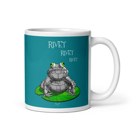 metal funny frog Mug, turquoise by Stormseye Design