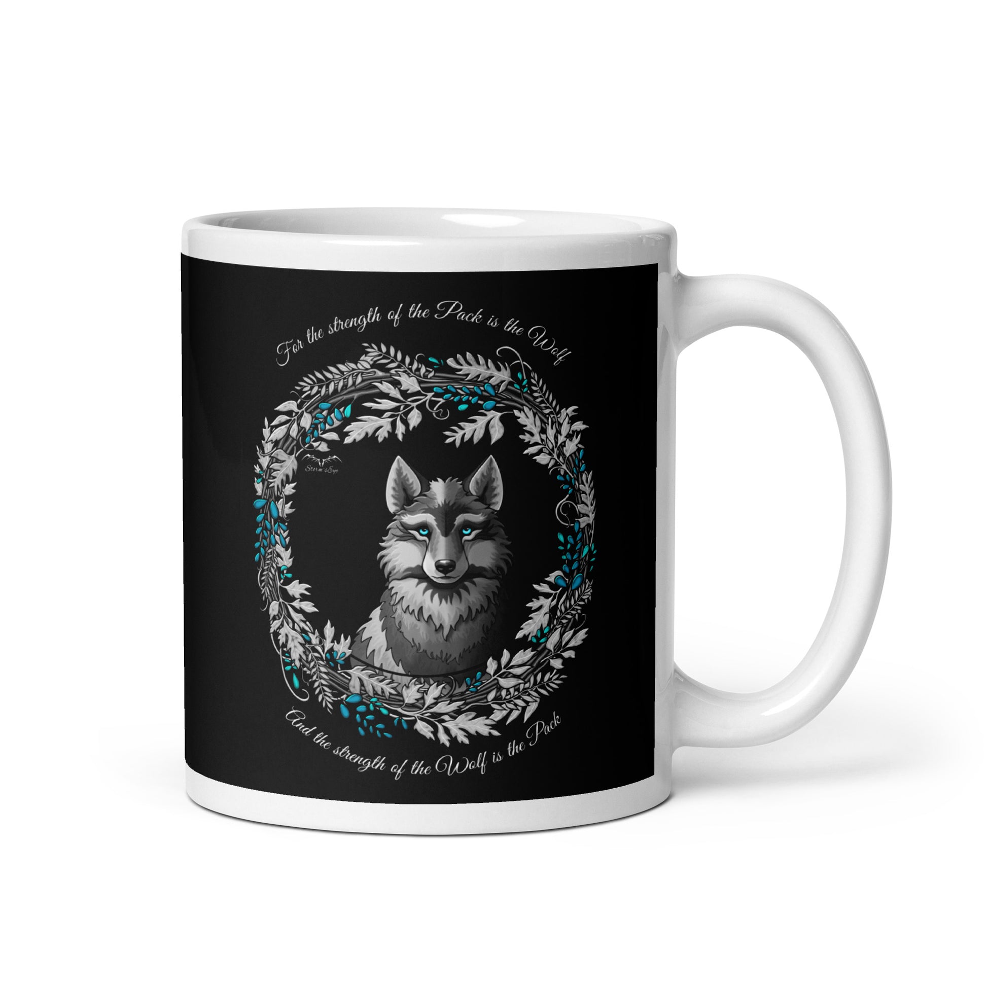 stormseye design silver winter wolf black coffee mug