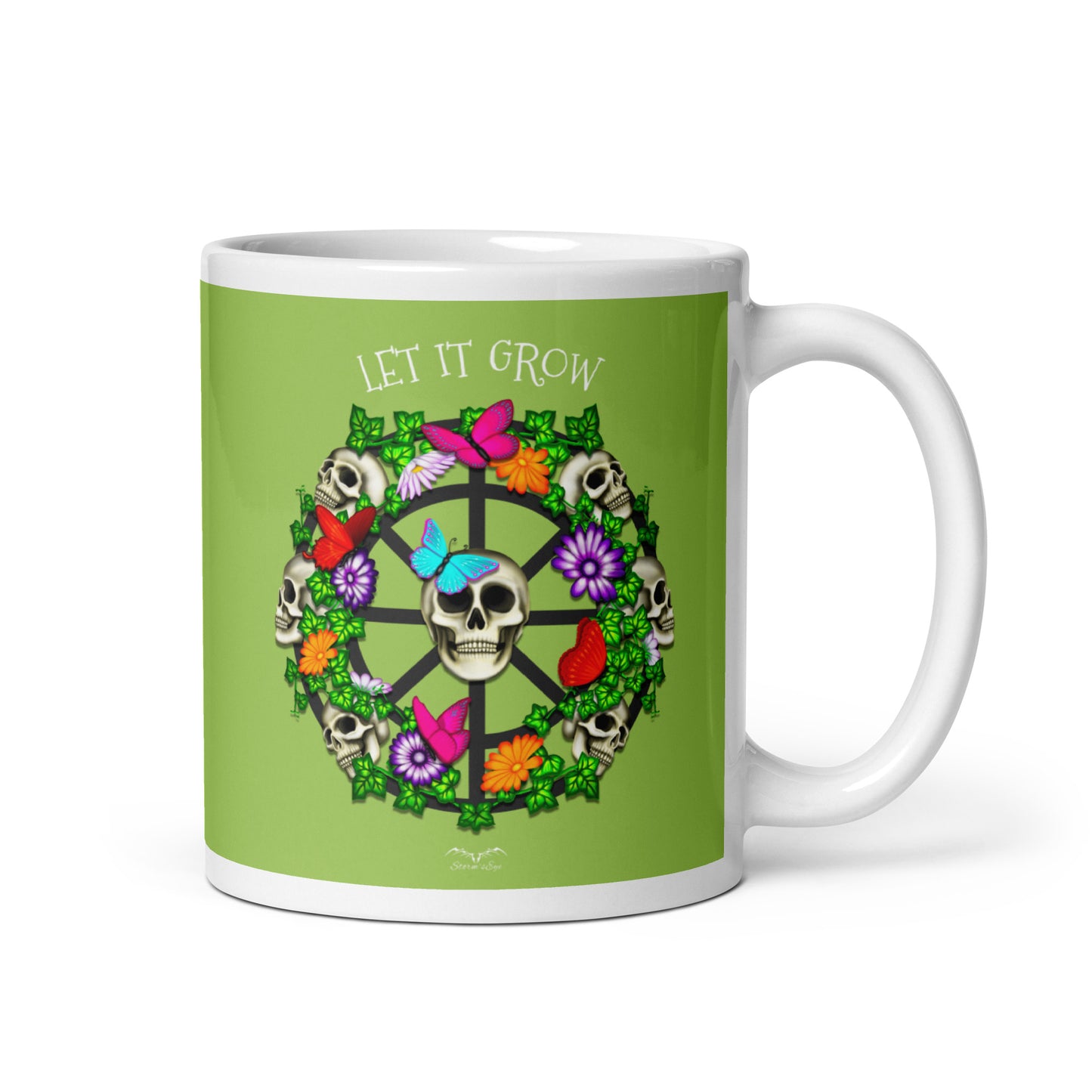 stormseye design skulls and flowers coffee mug green