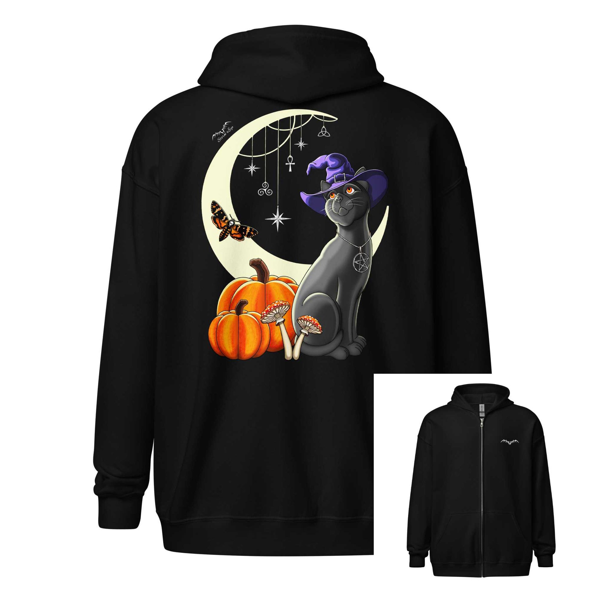 witch's cat back print zip hoodie by stormseye design, black, inset view