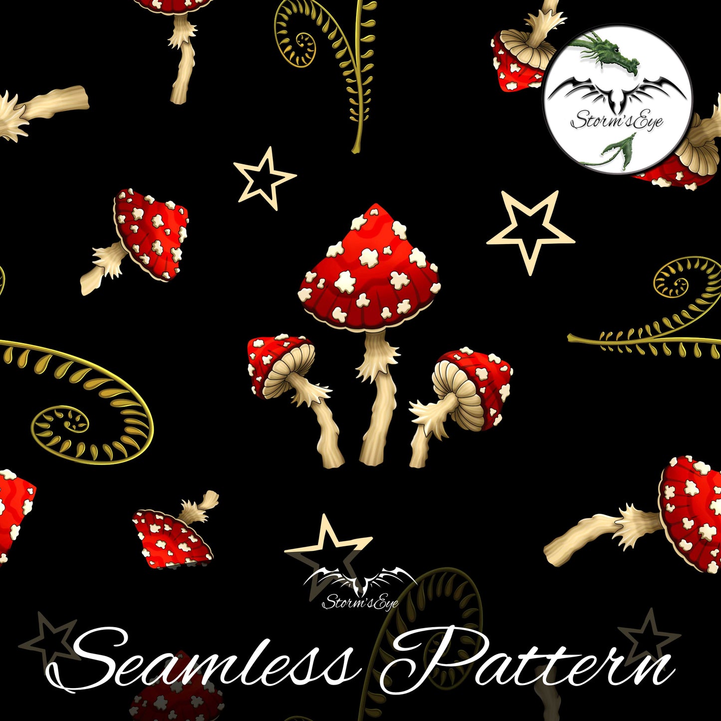 Witchy Mushrooms Black Seamless Repeat Pattern - Instant Digital Download