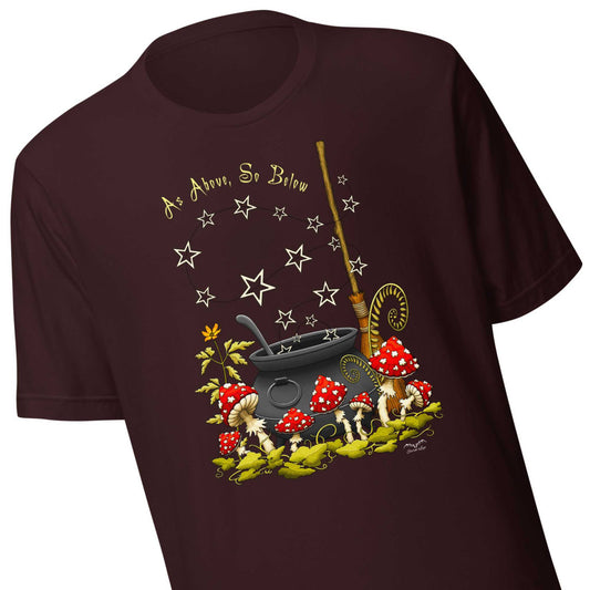 stormseye design witchy mushrooms T shirt, flat view oxblood black