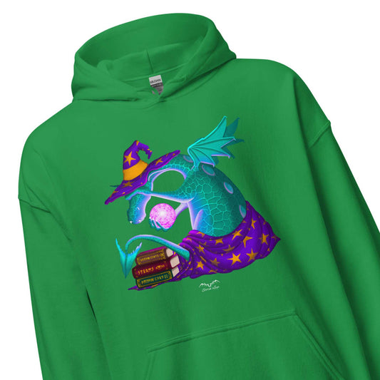 wizard dragon hoodie by stormseye design, irish green, zoom view