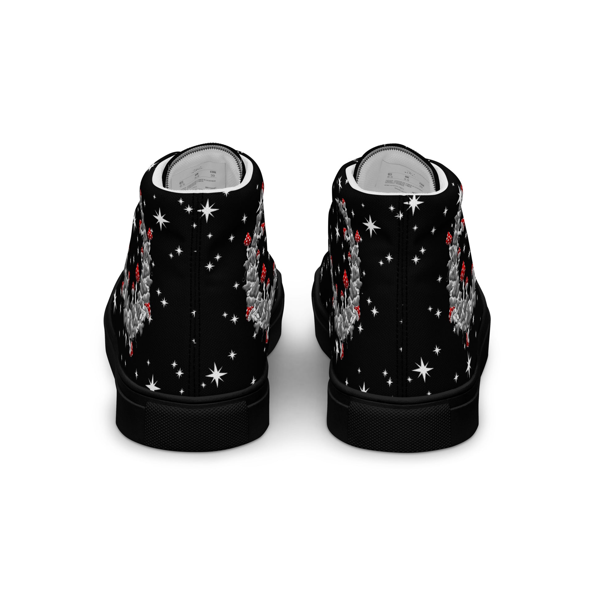 Stormseye Design mushroom moon witchy high top shoes, black sole, back view