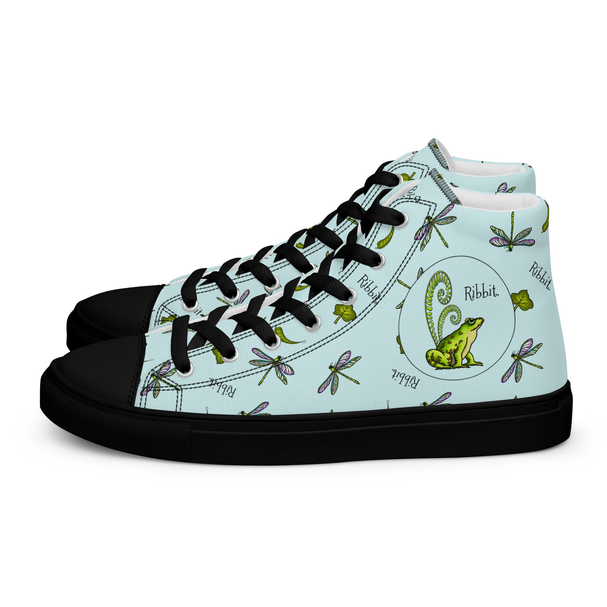 Stormseye Design Pretty Frog Dragonfly high top shoes, black sole, side view