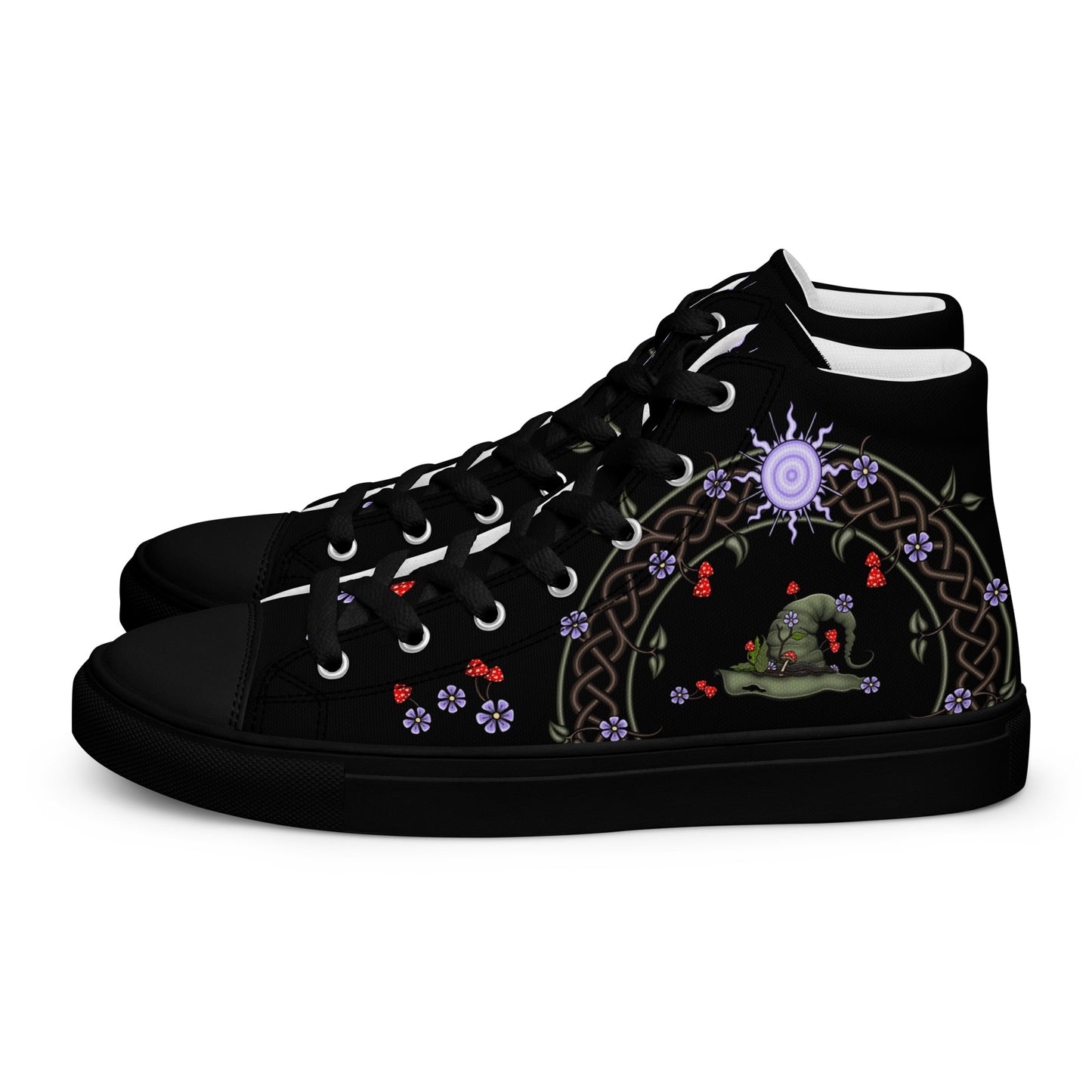 Stormseye Design hedge witch high top shoes, black sole, side view