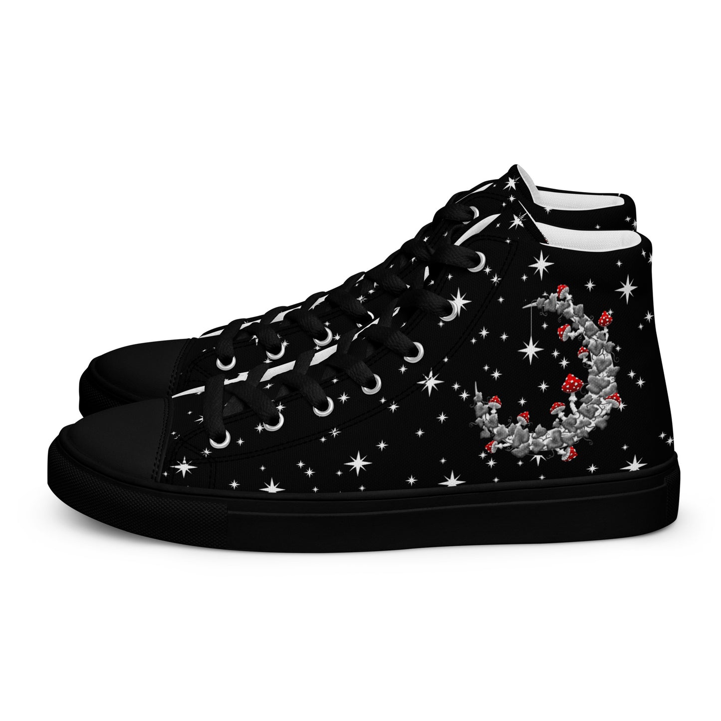 Stormseye Design mushroom moon witchy high top shoes, black sole, side view