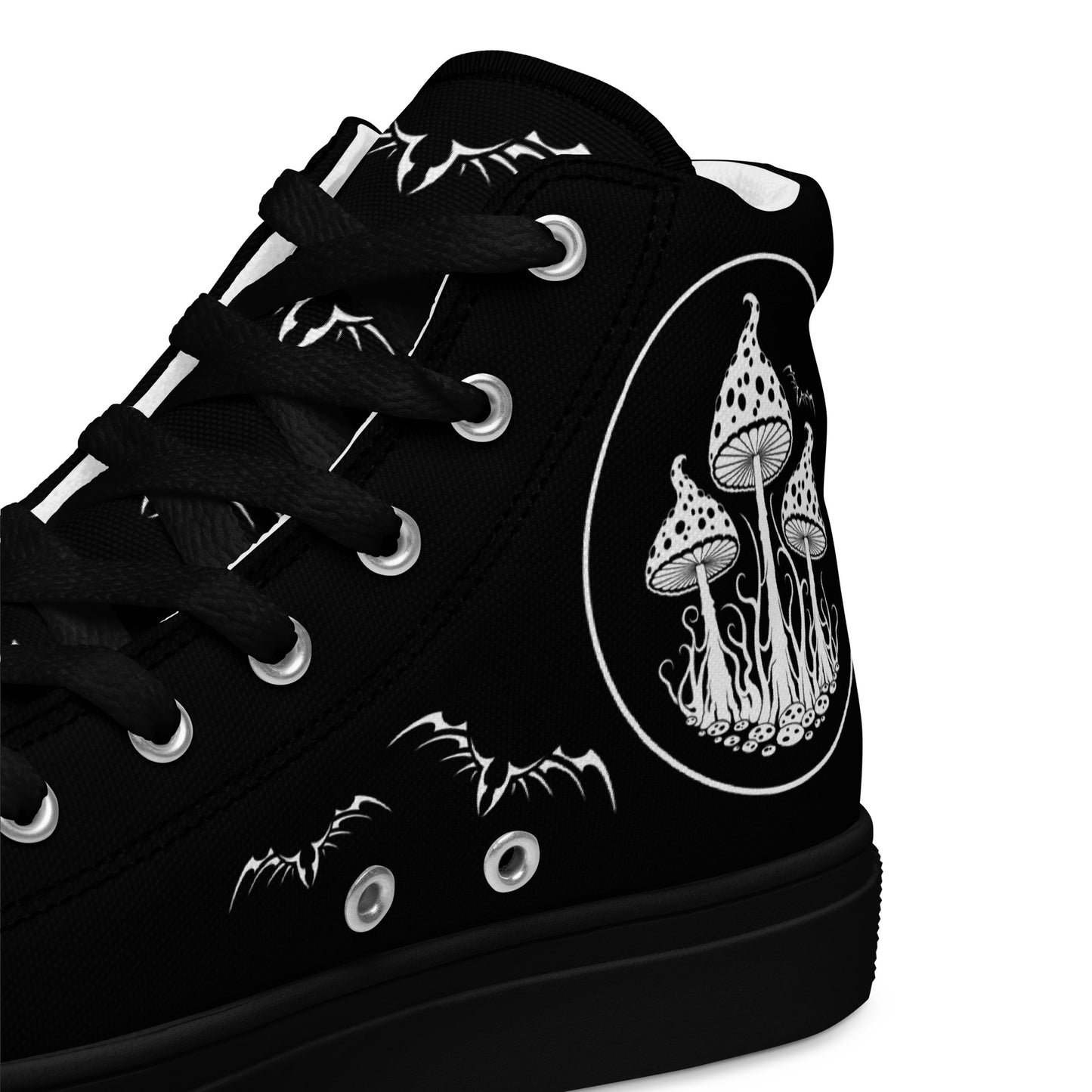 Stormseye Design trippy mushrooms high top shoes, black sole, detail view