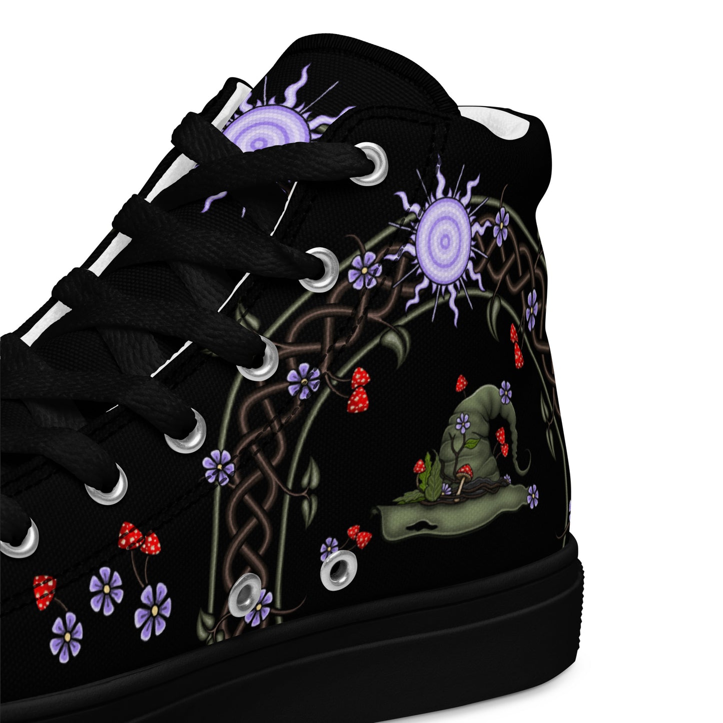 Stormseye Design hedge witch high top shoes, black sole, detail view