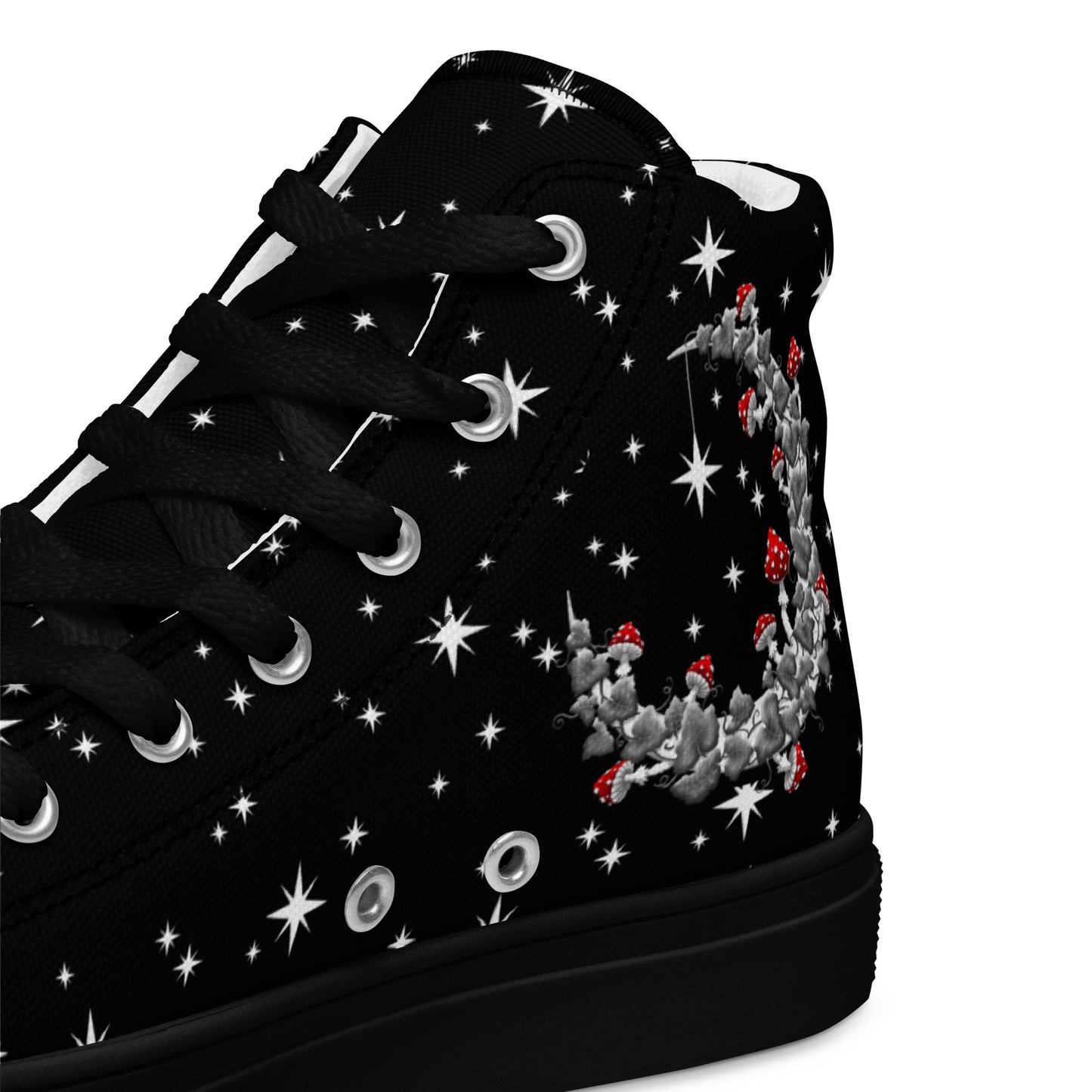 Stormseye Design mushroom moon witchy high top shoes, black sole, detail view