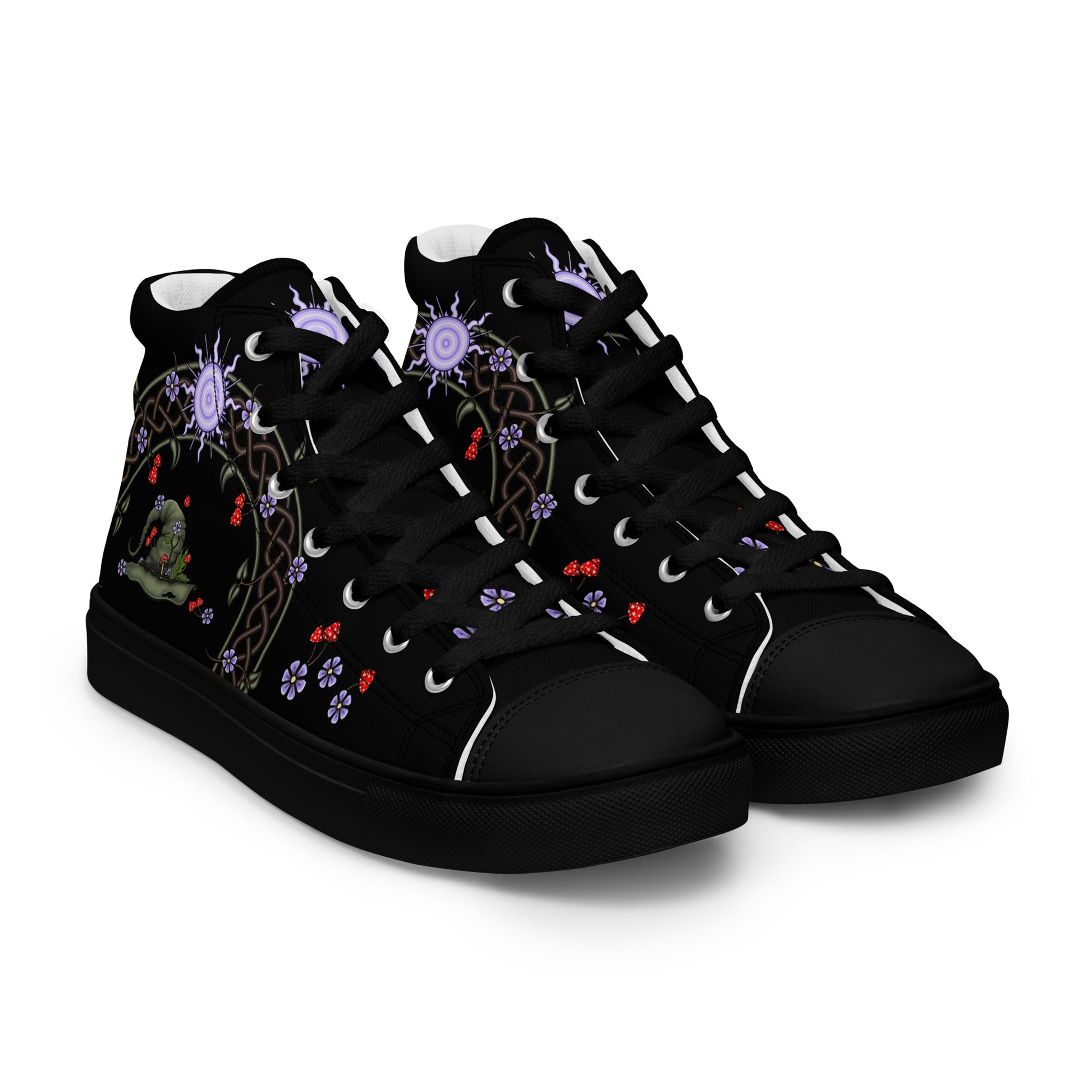 Stormseye Design hedge witch high top shoes, black sole, front view