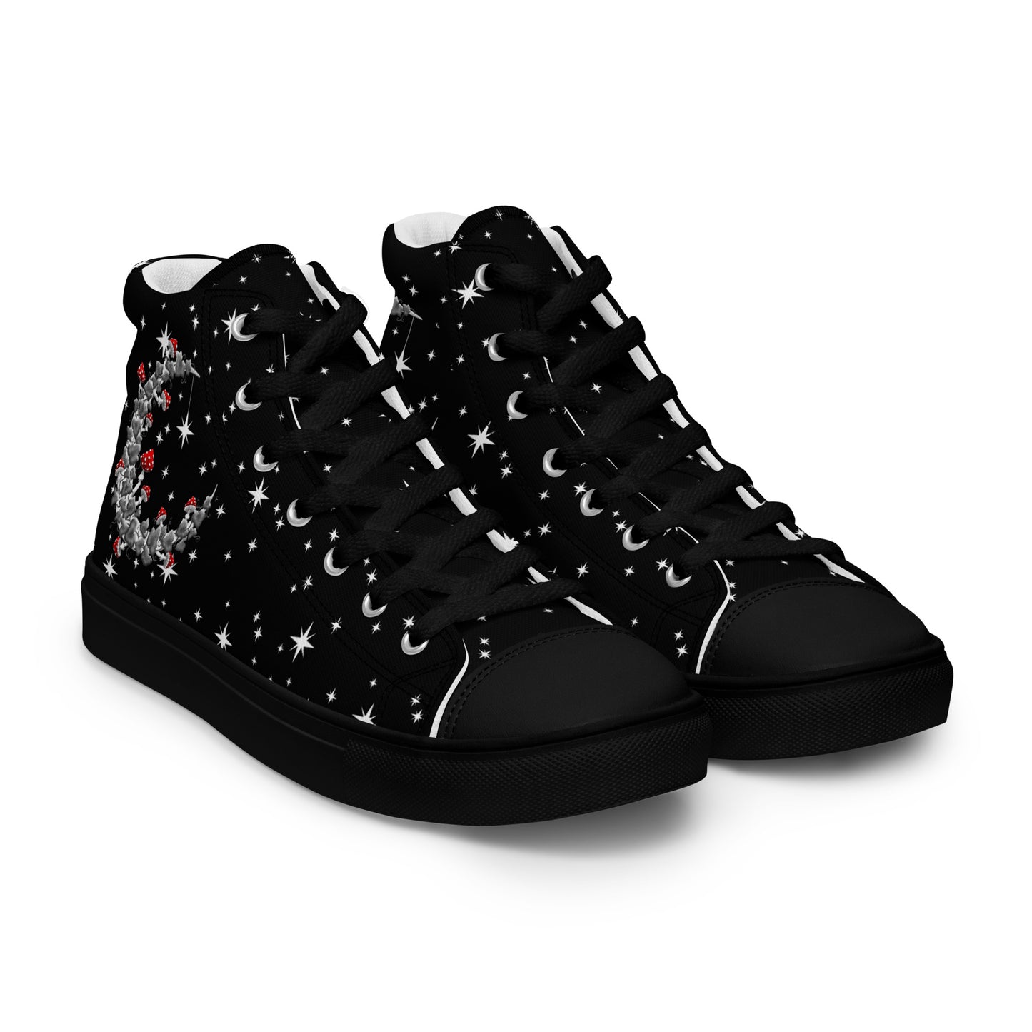 Stormseye Design mushroom moon witchy high top shoes, black sole, front view